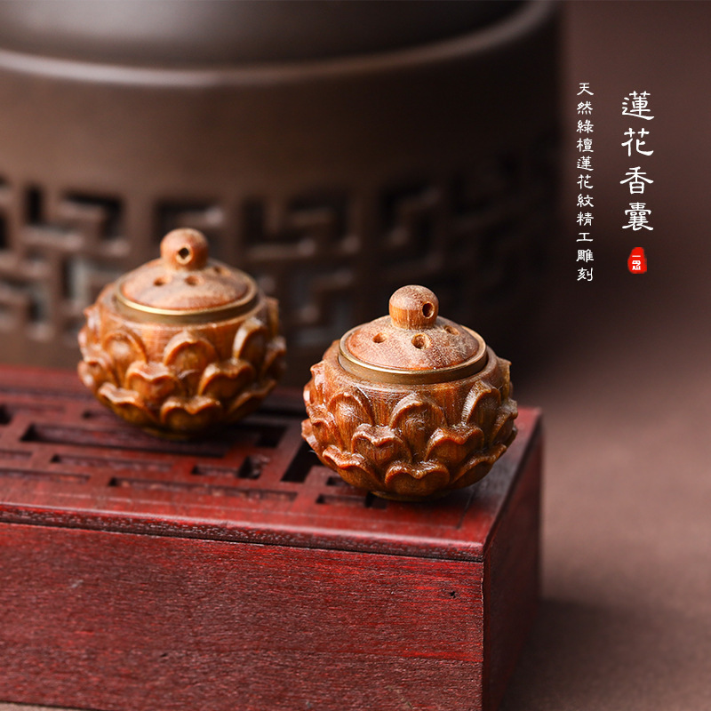 Creative antique carving lotus sachet diy accessories Argentina green sandalwood wood carving mobile phone bag mobile phone pendant batch