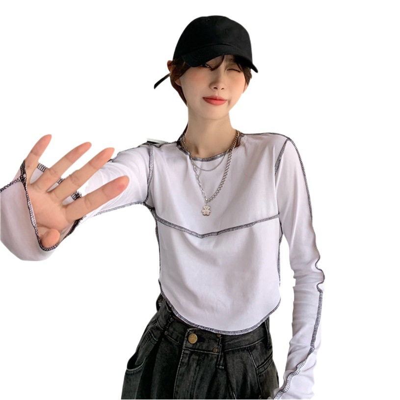 Irregular bottoming shirt for women Spring and Autumn inner wear slim fit solid color design sense niche long sleeve T-shirt short top autumn