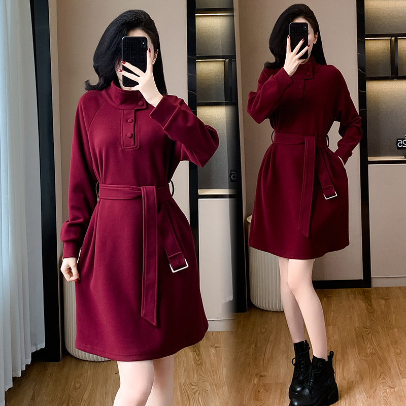 European design sense dress autumn and winter fashion temperament mid-length skirt western style lace-up slimming age-reducing skirt