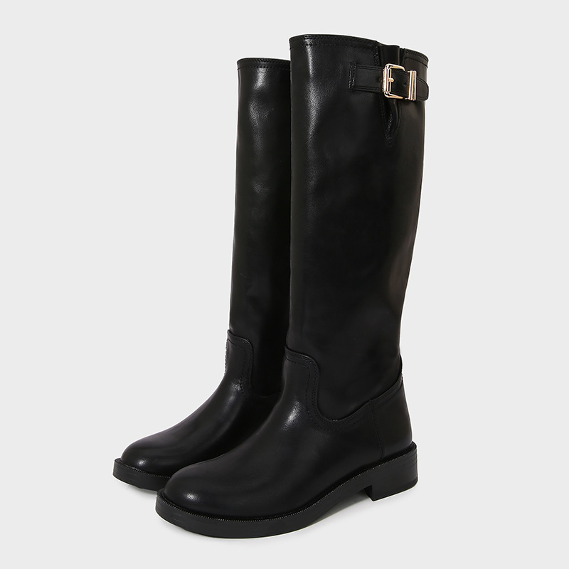 Boots Women's Boots Za2024 Autumn and Winter New Black Buckle Decorated Long Round Toe Thick Heel Trouser Boots Fashion Boots for Women