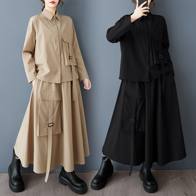 Real Shot Spring and Autumn New Casual Large Pocket Lapel Shirt Loose Lazy Style plus size Skirt Fashion suit