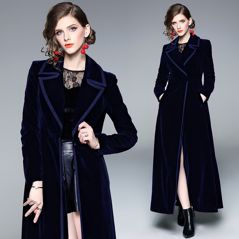 Blue Velvet Coat Autumn and Winter Fashion Elegant Dress Collar Professional Thickened Long Texture Windbreaker Cross-border Women's Clothing