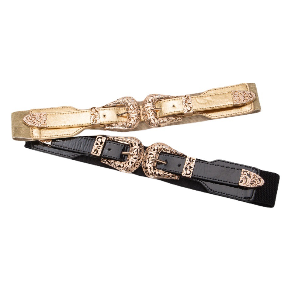 Black Vintage Carved Hollow Buckle Wide Belt Double Buckle Elastic Waist Seal All-match Waist Seal Women's Accessories
