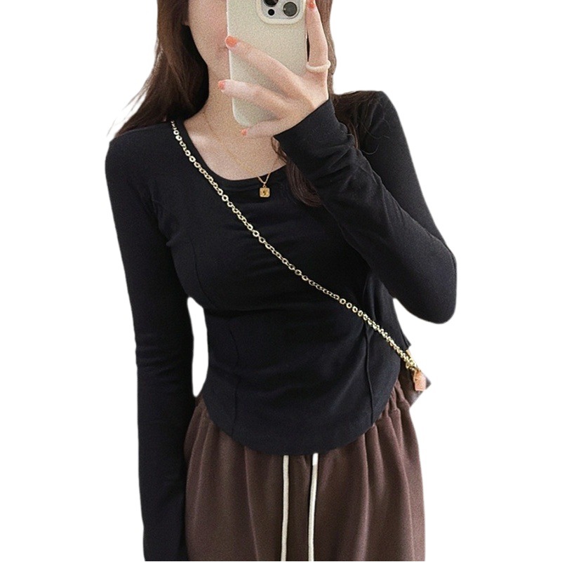 Cross-border Women's 2024 Autumn and Winter German Velvet Base Shirt Tight Waist Inner Top Round Neck Design Sense Slimming Long Sleeve Trendy