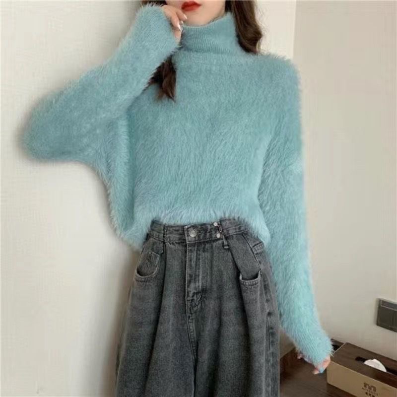 Picture of Thick soft glutinous sweater women's autumn and winter loose pullover inner warm top mink fur half turtleneck bottoming sweater