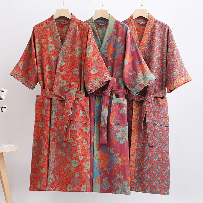 Picture of Pure Cotton Double Gauze Bathrobe Class A Thin Pajamas for Spring and Summer Home Clothes Nightgown Couple's Water Absorbent Quick-drying Bathrobe