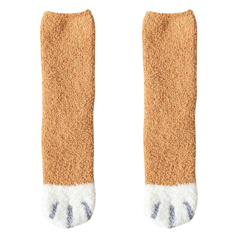 Socks women's mid-calf length socks coral fleece fleece-lined thick cat claw long warm autumn sleep spring and autumn towel stockings