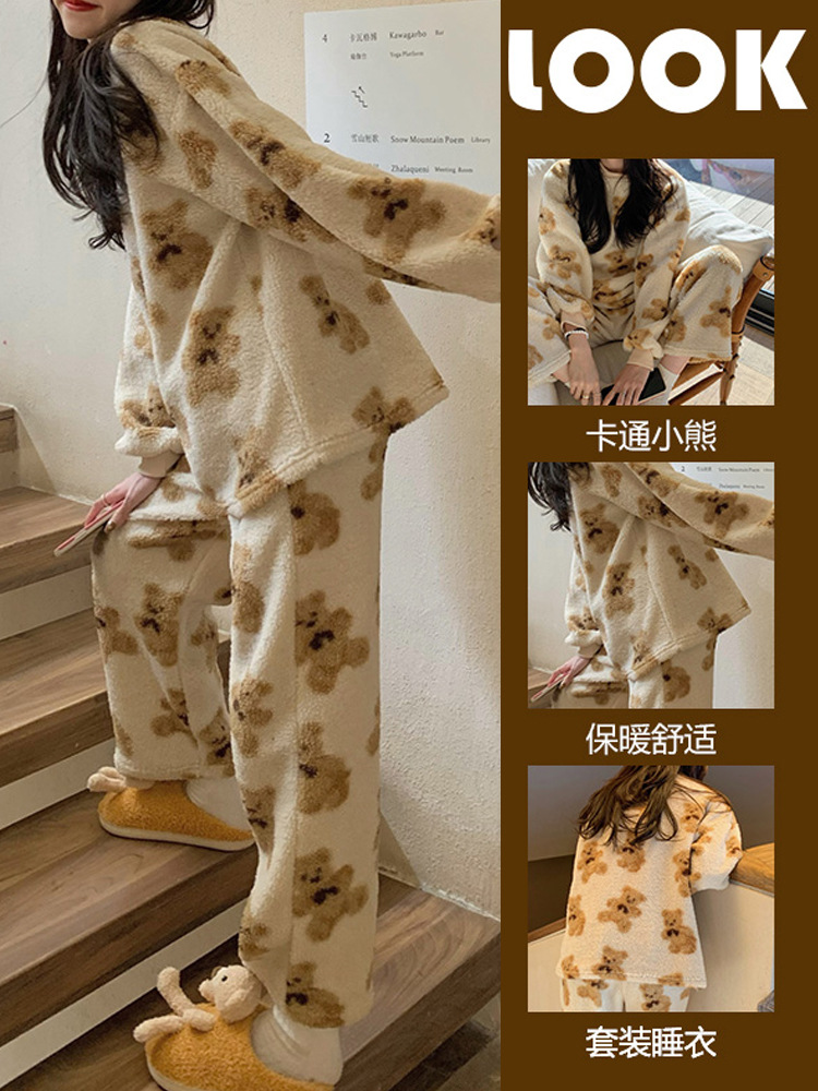 Cute cartoon printed round neck pajamas for women autumn and winter online celebrity live broadcast thickened coral fleece home wear flannel suit