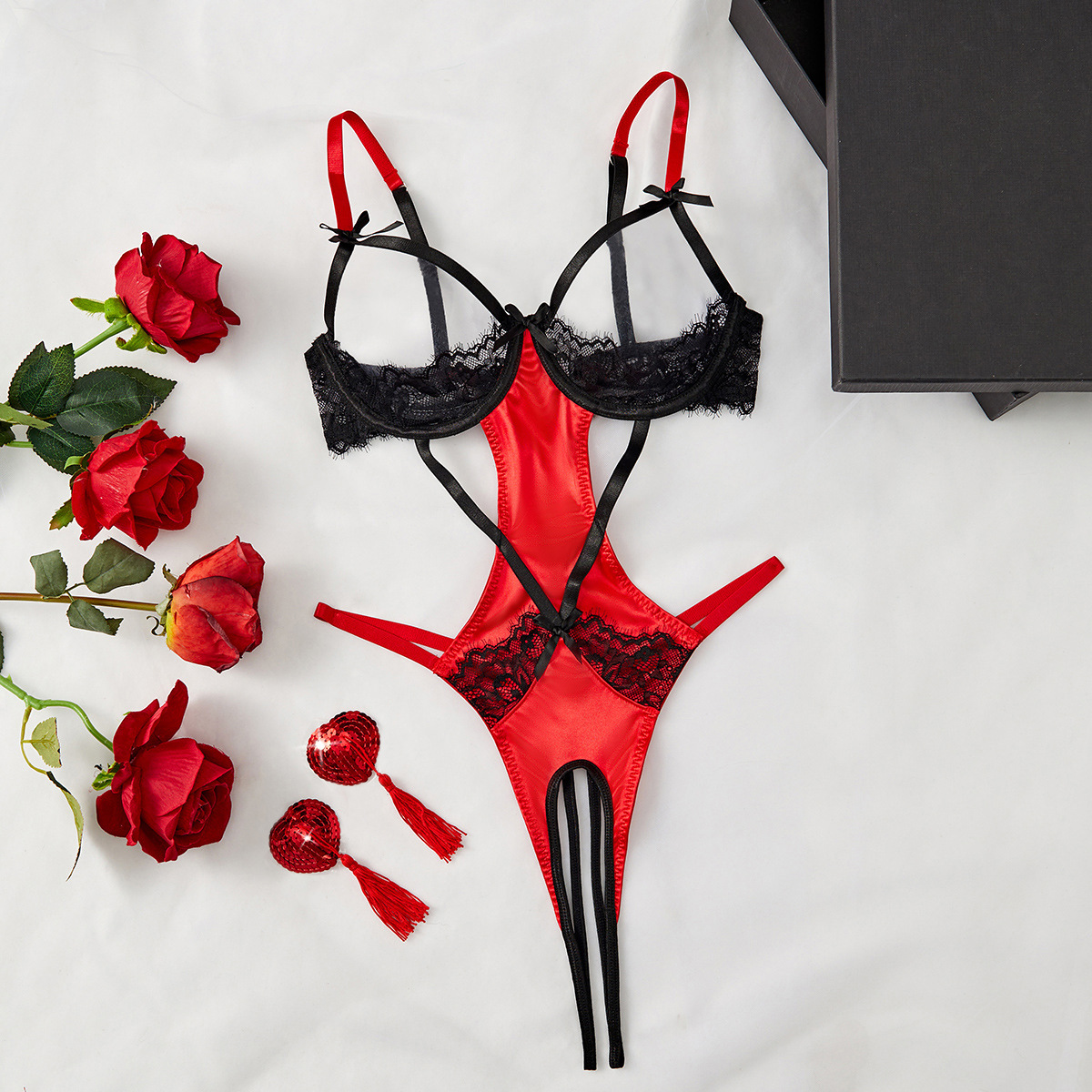 Sexy lingerie women's dew with breast patch one-piece jumpsuit open file to avoid hot temptation passion suit