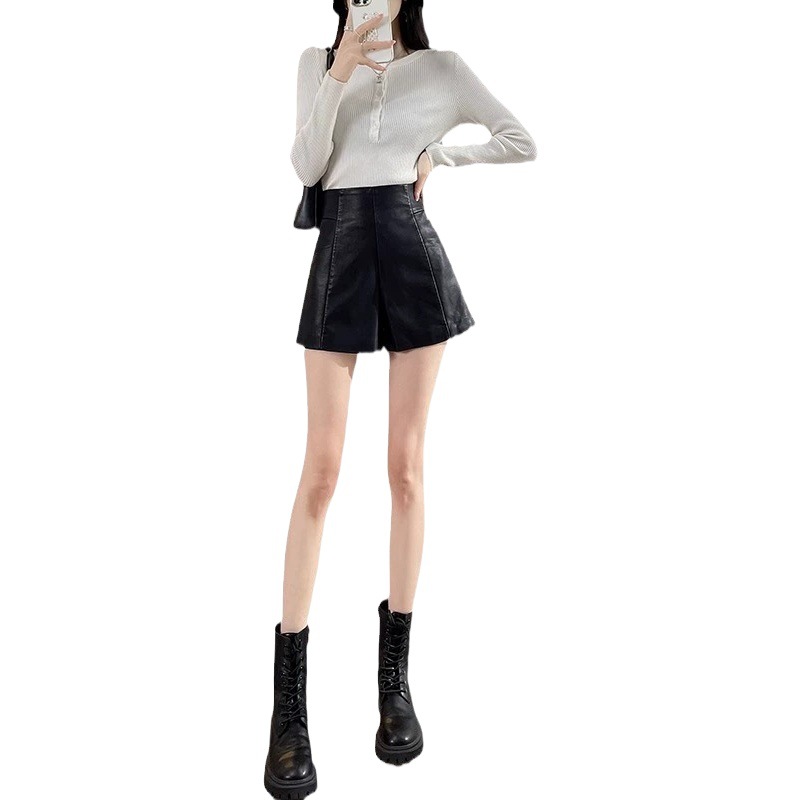 Picture of High waist leather shorts for women 2023 new popular autumn and winter A- line spring and autumn slimming pu wide leg outer wear black boot pants