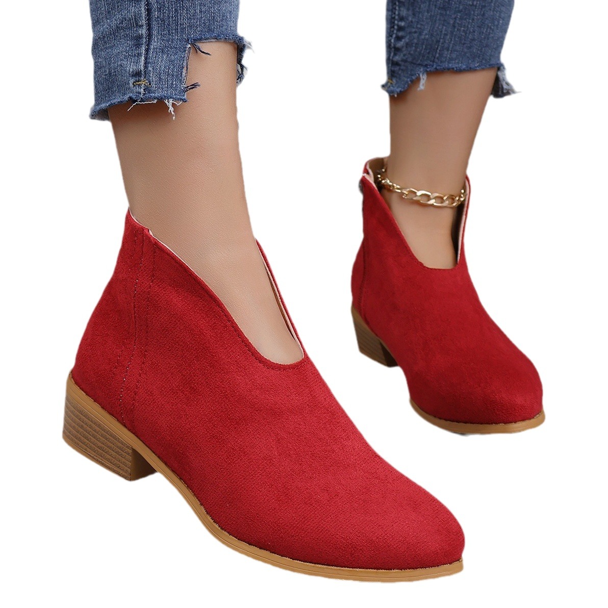 European and American Foreign trade plus size thick heel round toe leopard print short boots Women's thin V-mouth flat solid color suede ankle boots Amazon