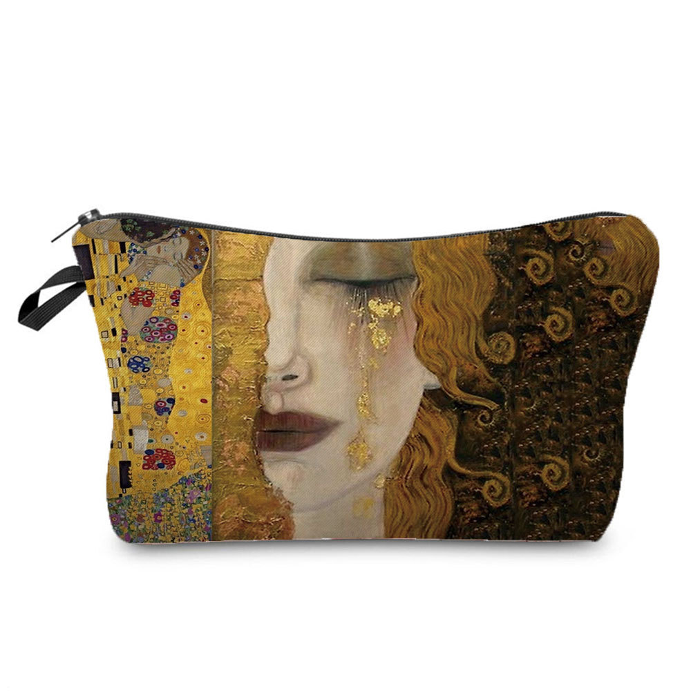Personalized fashion cosmetics storage bag new goods wholesale golden oil painting printing cosmetic bag large capacity wash women's bag