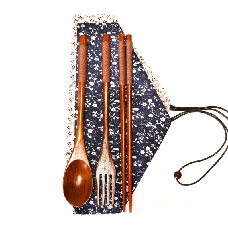 Picture of Japanese Style Wind Wooden Fork Spoon Chopsticks Wooden Bag Chopsticks Spoon Fork Travel Portable Tableware Three-piece Set