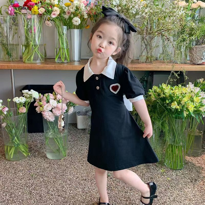 European and American Girls Back Bow Hollow Polo Skirt Children's Wear Summer dress Children's College Style Short Sleeve Skirt