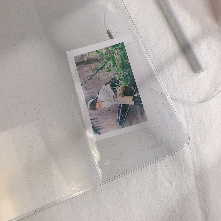 Picture of New A5 Transparent Glitter PVC Loose-leaf Notebook Simple Conference Notebook 6-hole Hand Account Book Strap PP Shell Notebook