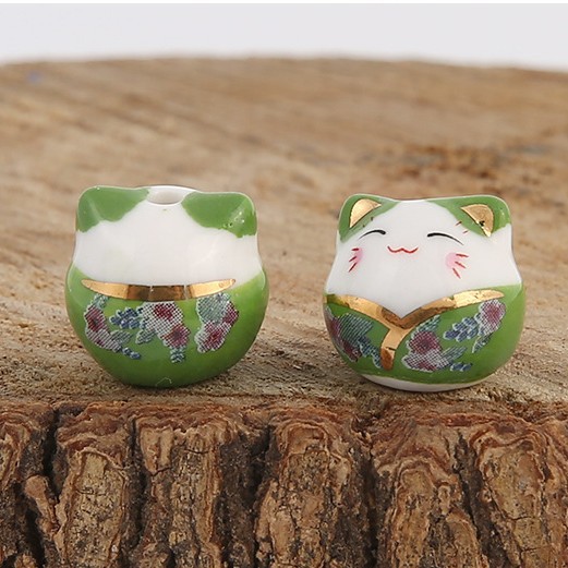 Picture of Japanese-style ceramic lucky cat beaded vertical hole cat pendant jewelry mobile phone chain ceramic cat bracelet DIY loose beads wholesale
