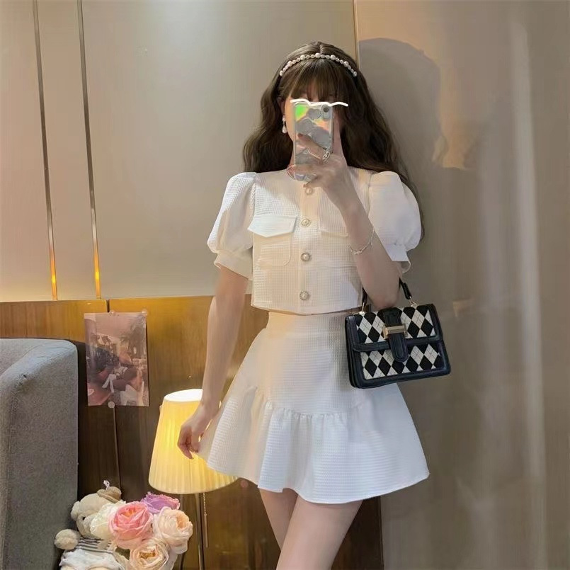 Picture of Elegant socialite Chanel style puff sleeve bow shirt top high waist pleated skirt two-piece suit for women Summer