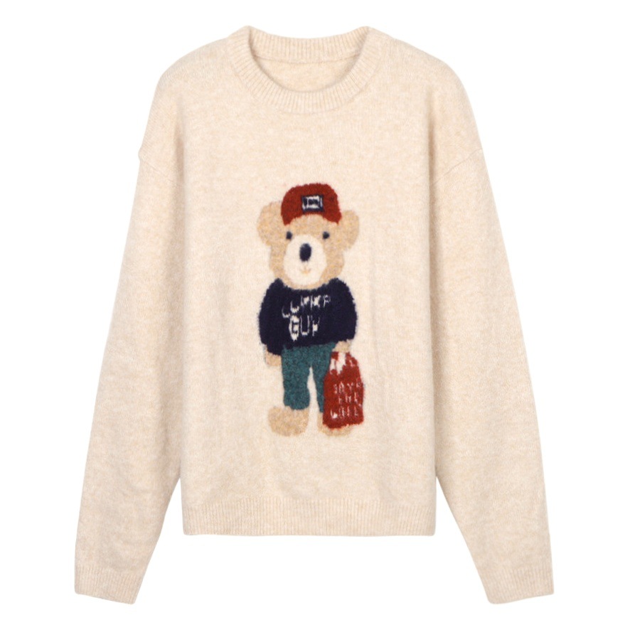 Qingman knitted top Korean style loose cute pullover round neck lazy bear jacquard sweater for women autumn and winter