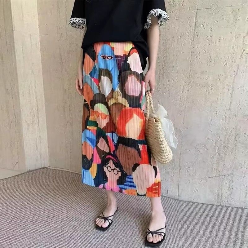 Picture of Niche design pleated skirt spring and summer thin elastic waist printed slimming age-reducing hip slit pleated skirt