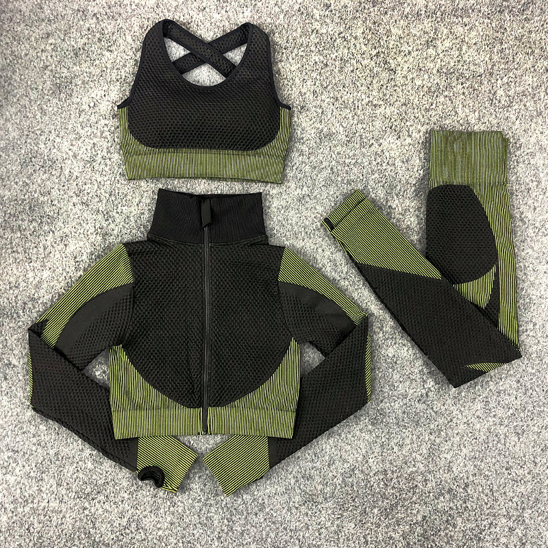Seamless Yoga Suit suit Three-Piece Sports Long-Sleeved Jacket Fitness Underwear Yoga Bra Running Leggings Women