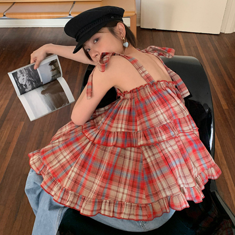 French Sweet Plaid Holiday Style Ruffled Off-Shoulder Top 2025 Summer Loose Babydoll Camisole for Women