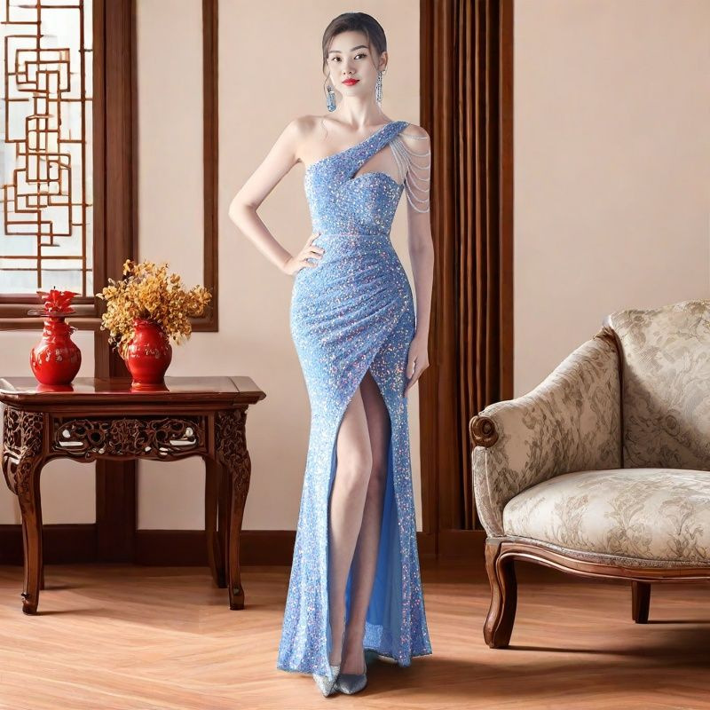 2025 foreign trade new women's one-piece high-end dress temperament light luxury sequins host evening dress dress