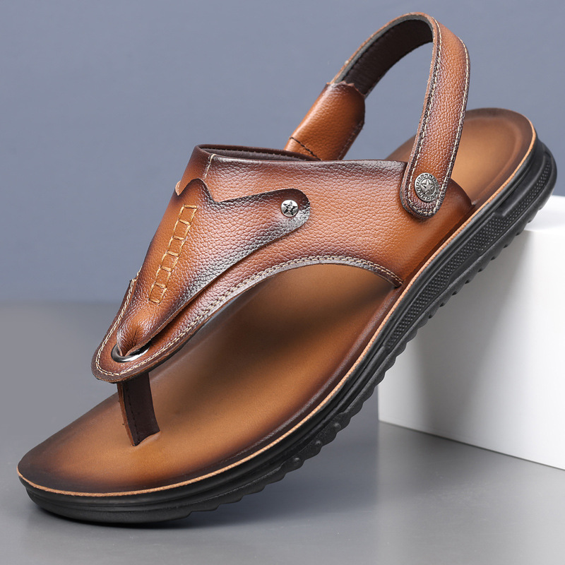 Slippers for Men 2025 New Style Genuine Leather Soft Sole Casual Men's Beach Shoes Dual-Purpose Herringbone Sandals and Slippers Dropshipping