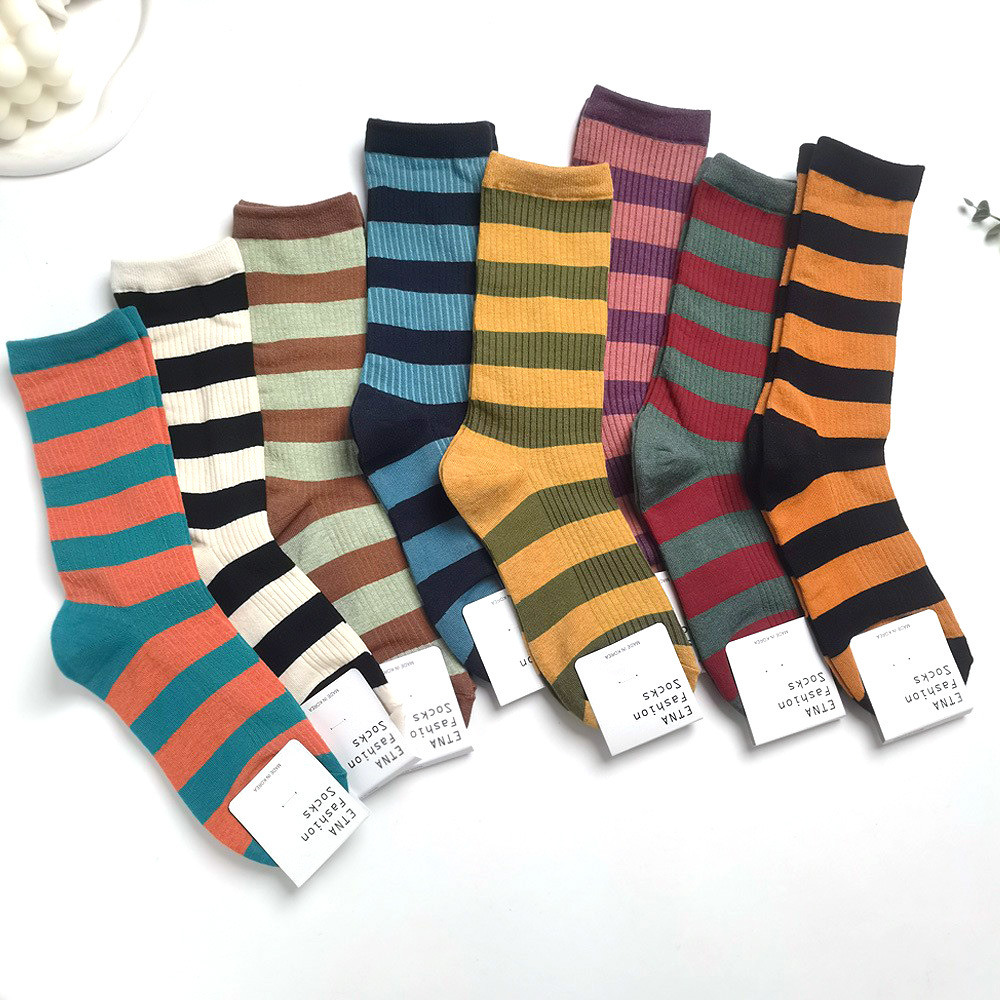 Korean socks, Dongdaemun striped socks, mid-calf women's socks, Japanese minimalist casual autumn/winter style, Ming Peng