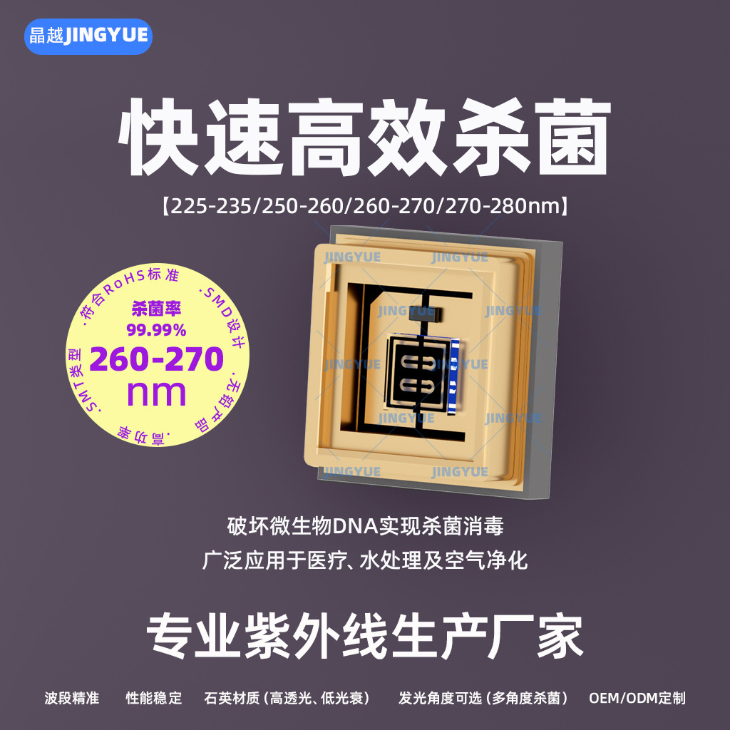 Jingyue UV Purple Light 3535 Lamp Bead Deep Ultraviolet 260-270nm Germicidal Lamp LED Disinfection 1W High Power UVC