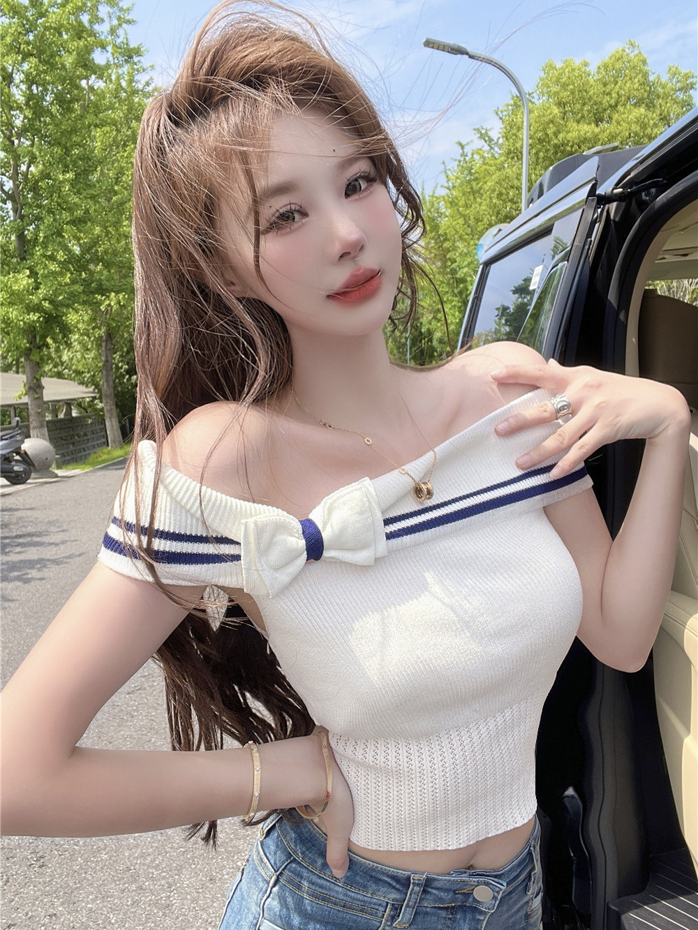 Summer One-character Collar Bow Slim-fit Slim T-shirt Pure Desire Style All-match Niche Fashion Hot Girls Sexy Top Ins