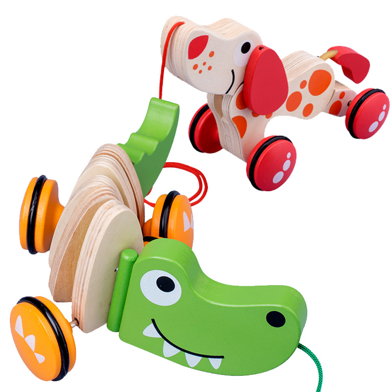 Toddler puzzle cartoon animal puppy crocodile pull wire twist car Wooden Baby toddler drag toy 0-3 years old