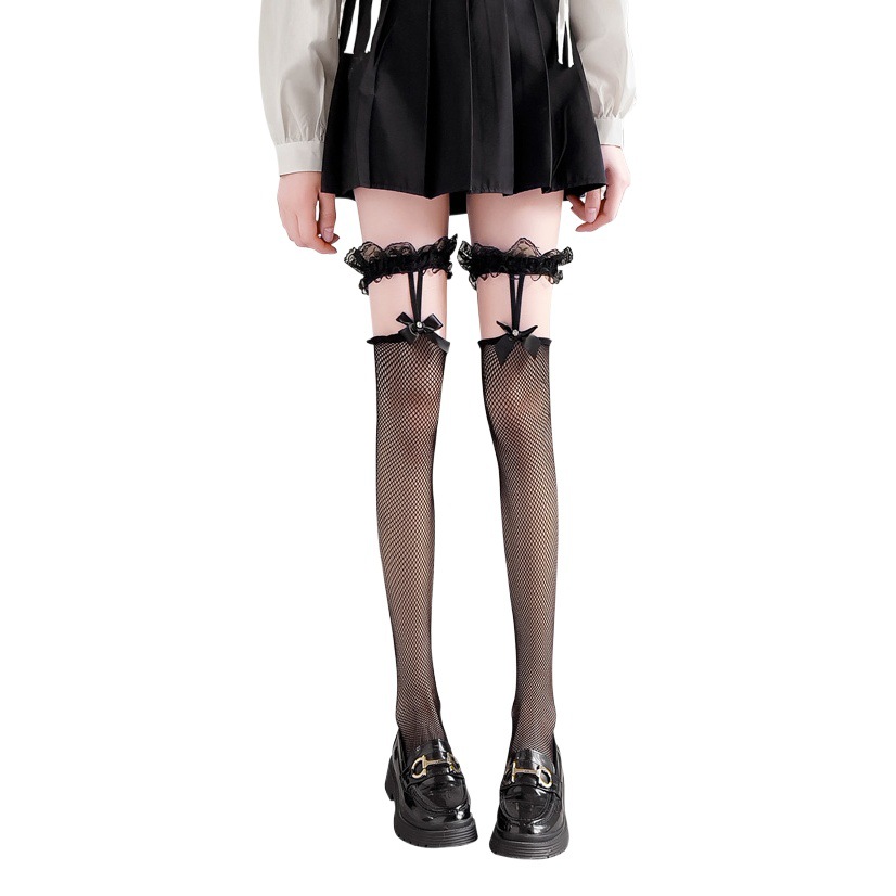 Black Lace Sling Bow Hollow Silk Stockings Fun Women's Summer Trendy Sexy Fishnet Stockings Over the Knee Thin Stockings