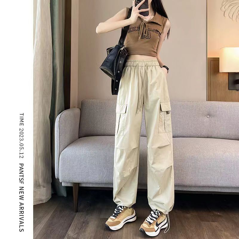 Cross-border American overalls women's spring and autumn 2023 new casual toe elastic waist narrow version wide leg straight pants high