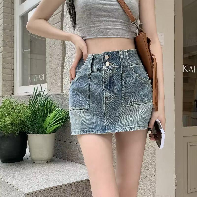 Hot Girl Vintage Denim Skirt Half Hip Skirt Women's Summer American Style New A- line High Waist Short Hip Skirt