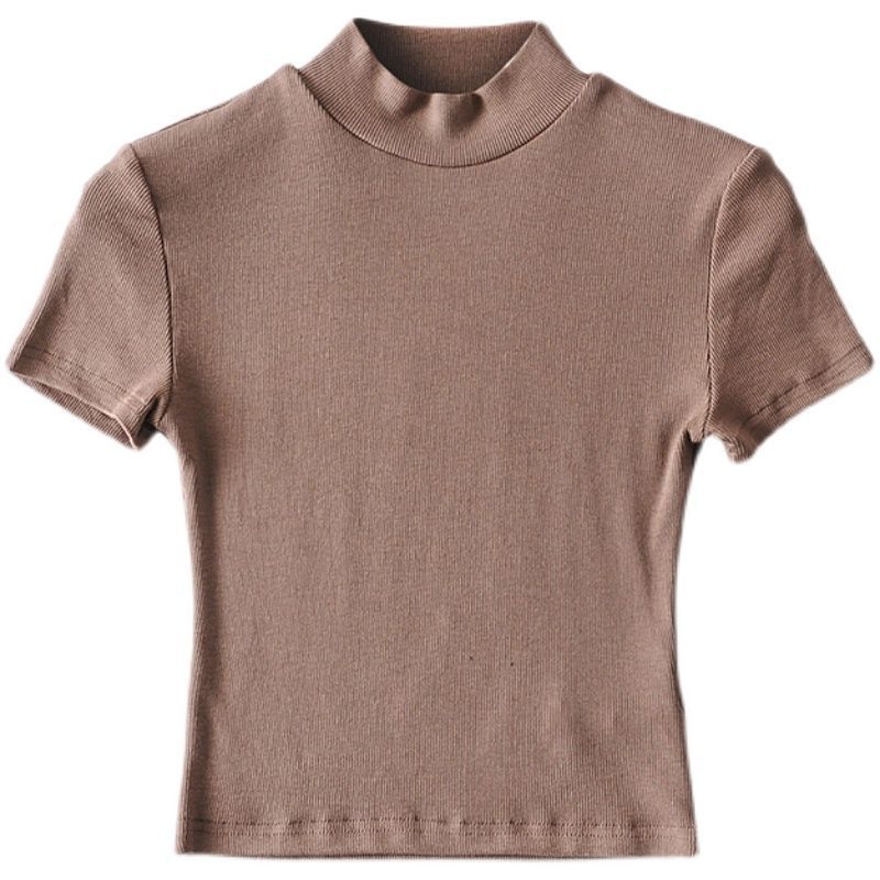 Picture of European and American style hot girl fashion tight turtleneck short sleeve bottoming shirt Women's inner wear slim high waist short T-shirt top
