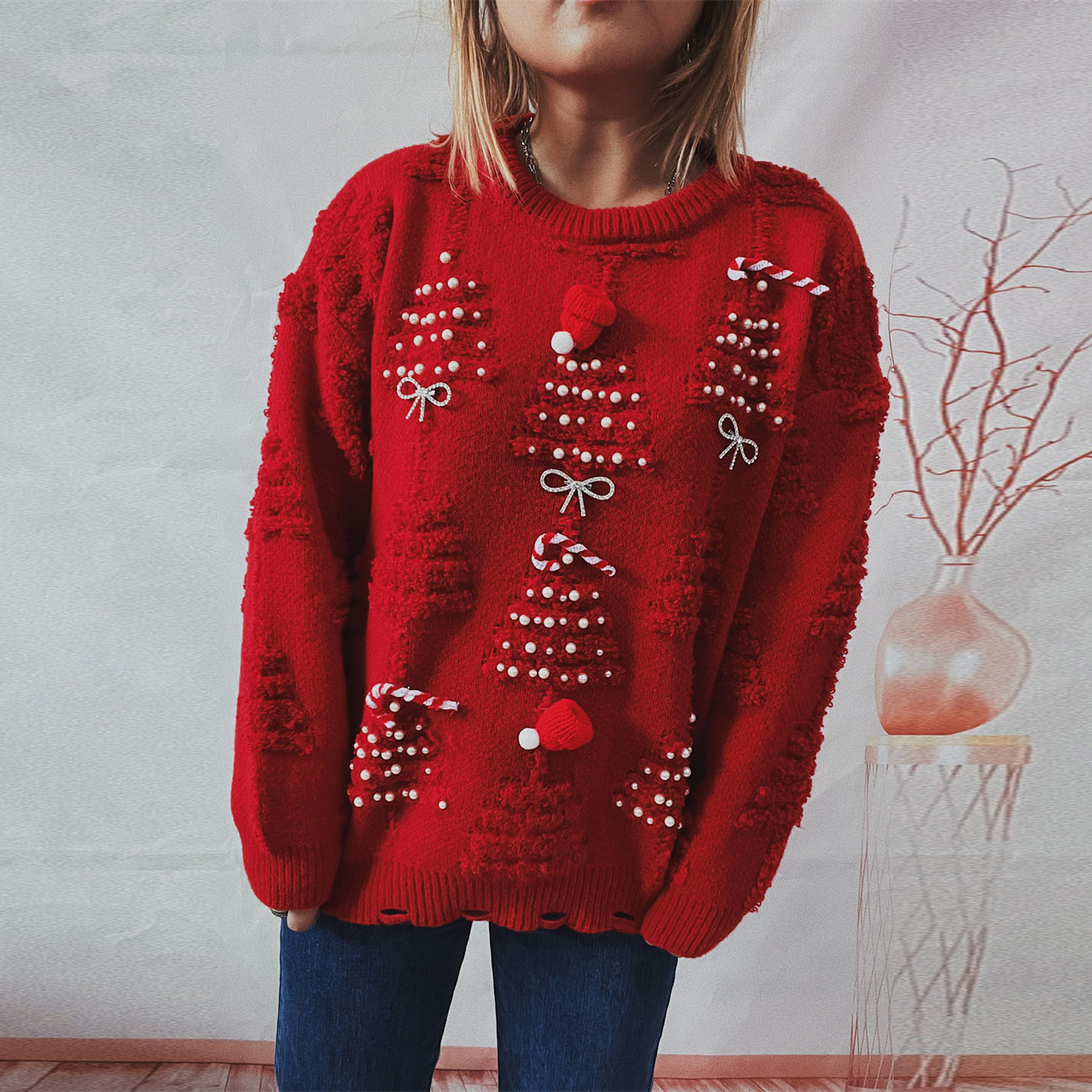 Picture of European and American cross-border Amazon Handmade Pearl Christmas theme sweater three-dimensional decoration New Year holiday sweater pullover