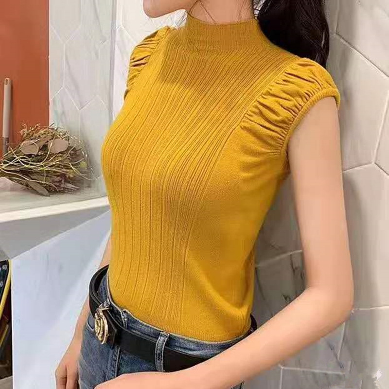 2025 New Summer Style Simple Pure Color Half Turtleneck Pleated Pullover Knitwear Women's Outer Sleeveless Vest Top