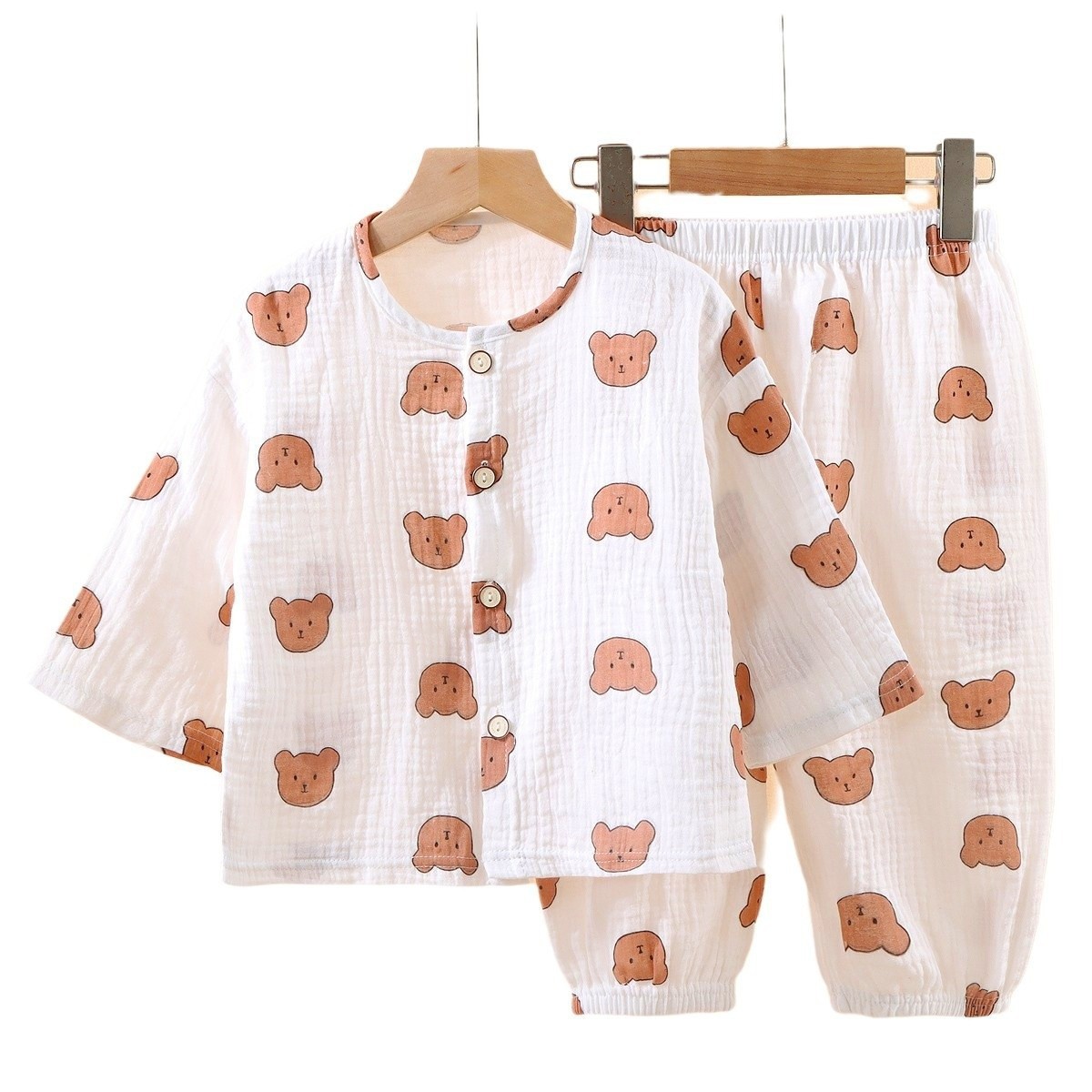 Picture of New Kidsren's Thin Double-Layer Pure Cotton Gauze Pajamas Summer Baby Home Clothes Boys and Girls Long-Sleeved Spring & Fall Suits