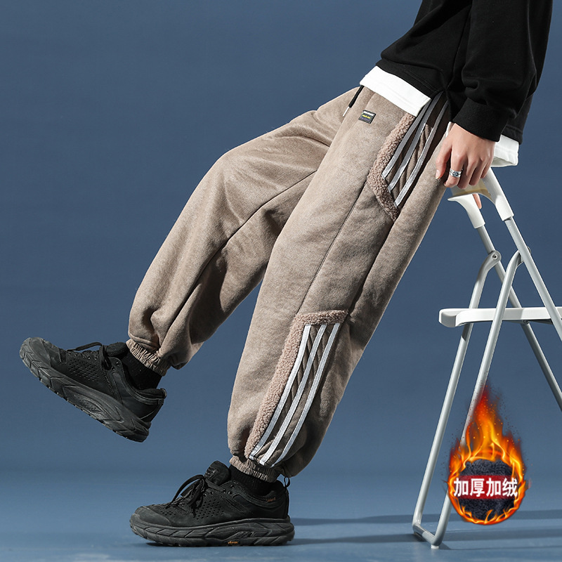 Men's casual pants winter new men's padded plus velvet lamb wool loose fashion pants a generation of hair