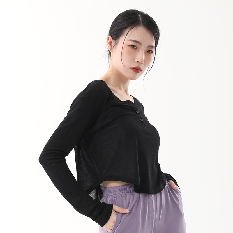 Picture of Thin V Neck Yoga Wear, Long-Sleeved Short Style, Loose-Fitting Outdoor Fitness Top, Breathable Daily Sports Blouse