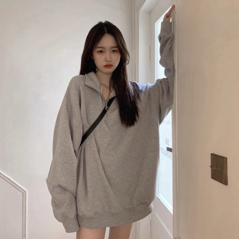 Half zipper gray sweatshirt, mid-length polo elegant lapel oversisz loose thin long-sleeve jacket, trendy