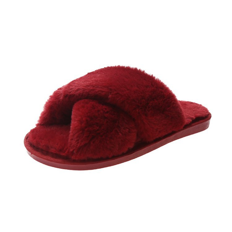 Picture of Foreign trade plush cotton slippers for women 2022 autumn and winter New Women's Flat open toe home Cross plush slippers wholesale