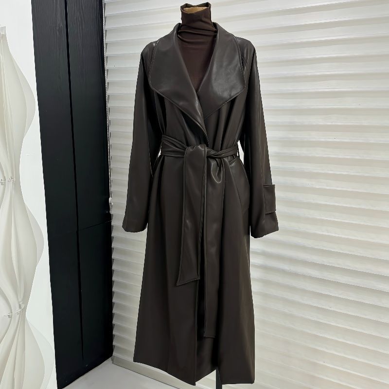 Picture of 2025 New Autum Style French Style Large Lapel Mid-Length Leather Outwear Women's Waist-Length Over-The-Knee Windbreaker Outwear