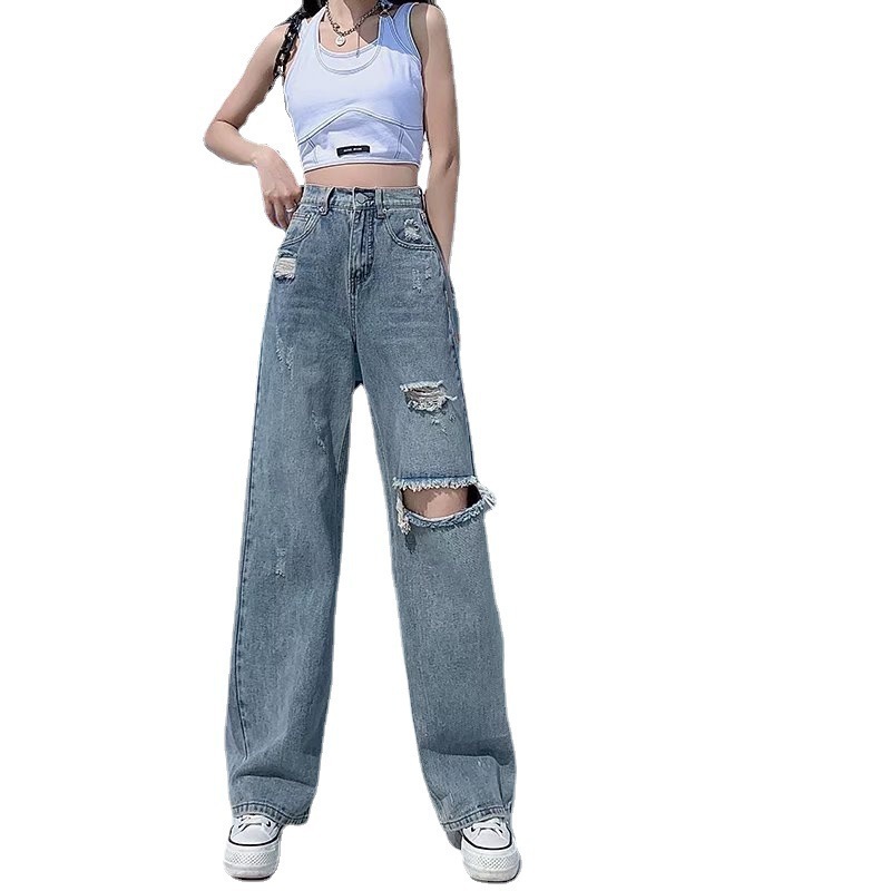 Picture of 2024 New High Waist Straight ripped jeans for women Summer thin loose draping wide leg mop pants for women