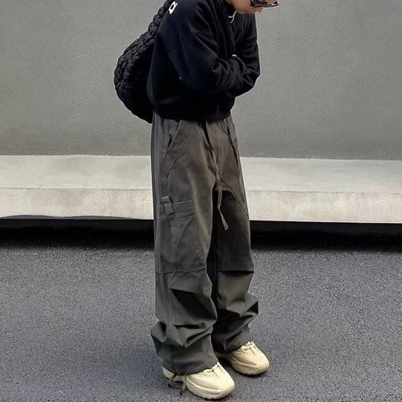 American Vintage Paratroopers Green Overalls Drawstring Straight Loose Wide Leg Pants Multi-Pocket High Street Casual High Street Fashion