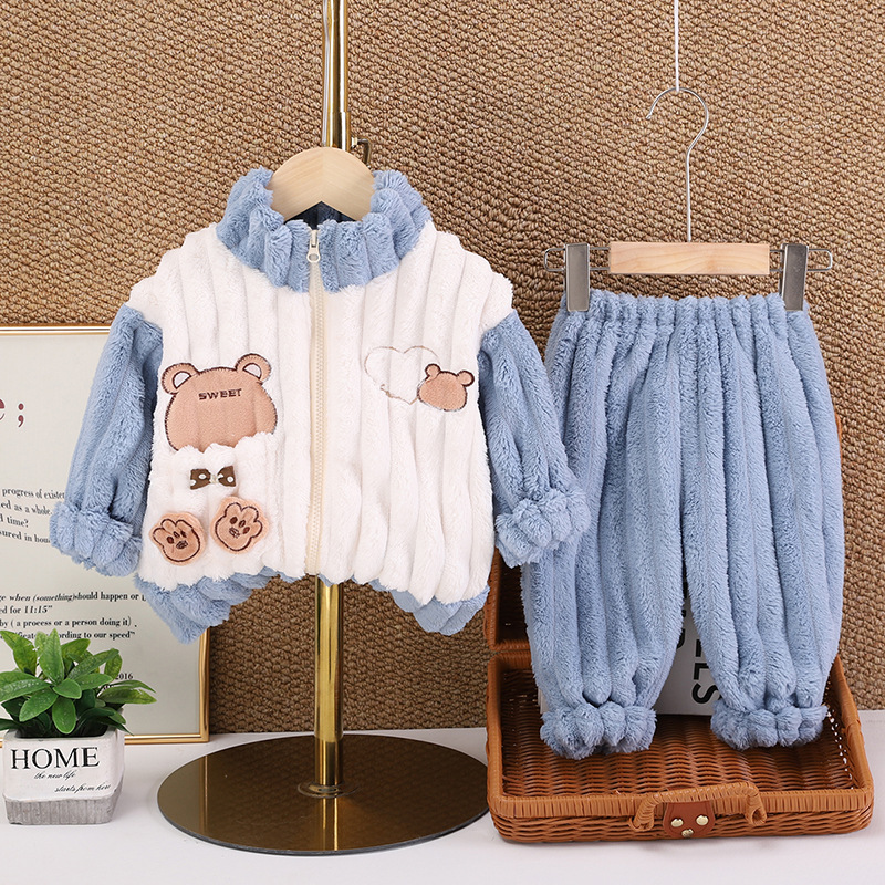 Picture of Boys and Girls Winter Home Clothes Zipper Shirt suit New Baby Outfit fleece-lined Thickened Bear Pajamas Two-piece Set