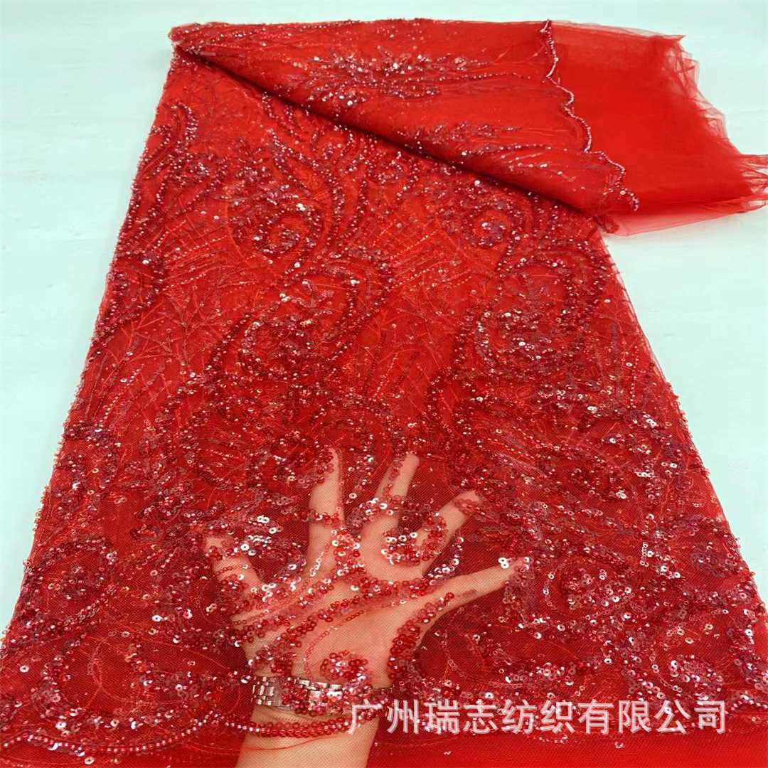New African Beaded Dress Wedding Dress Fabric Factory High Order European and American Heavy Industry Bead Tube Transparent dress Fabric