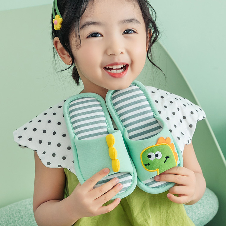 Dinosaur Spring and Autumn Linen Slippers Children's Boys Cartoon Cute Thick Bottom Breathable Home Parent-Child Cotton Linen Slippers