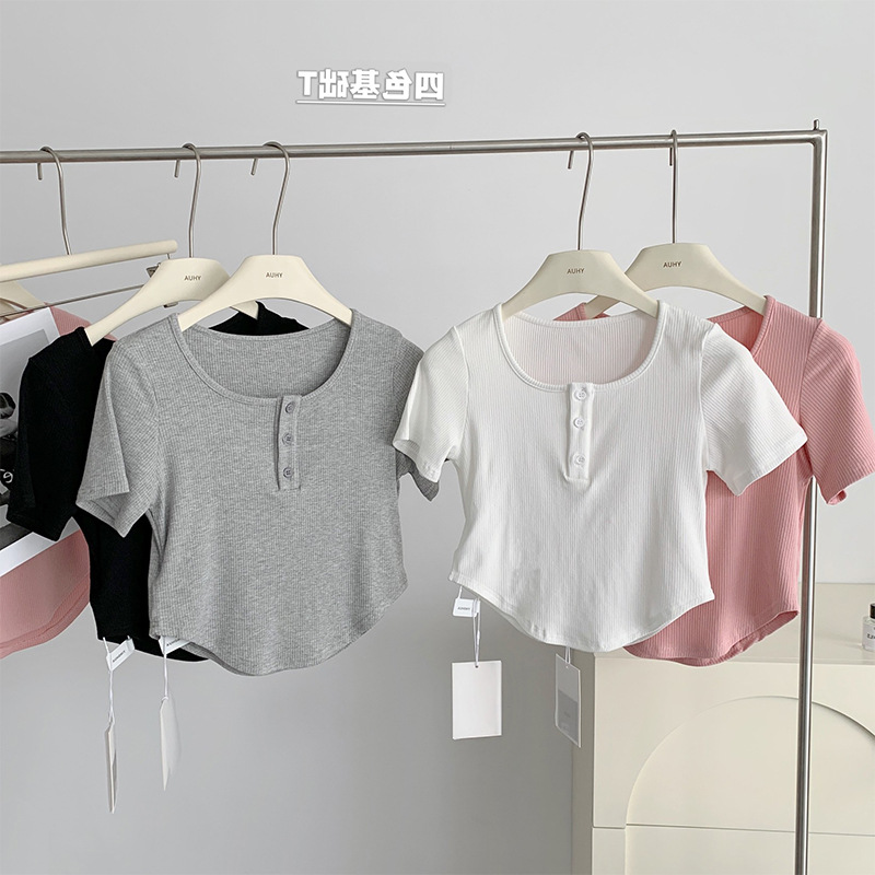 2025 Summer Square Neck Short Sleeve T-Shirt Women's New Design Niche Slim T-Shirt Half Sleeve Top Trendy
