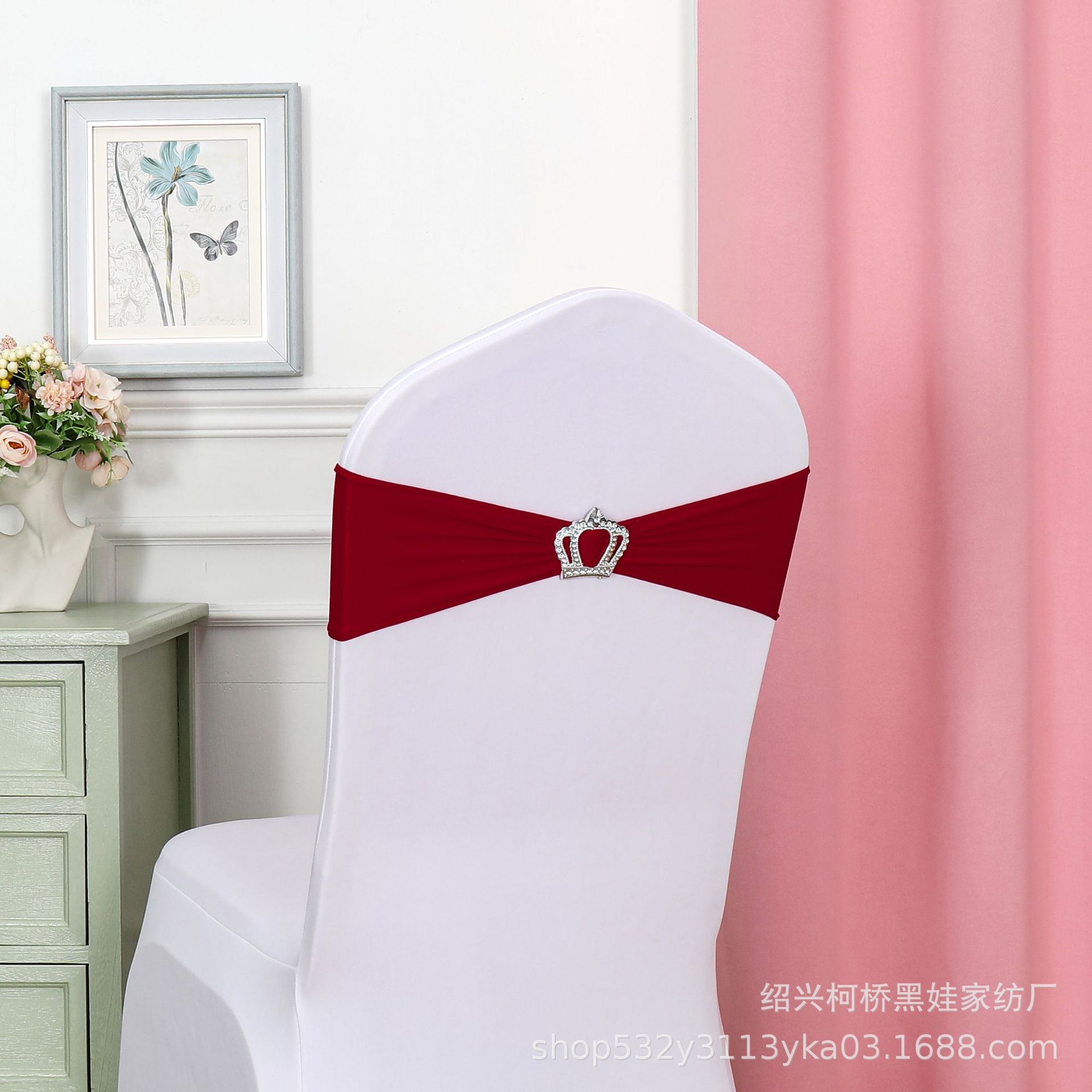 Picture of Chair Back Flower Bow Crown Diamond Buckle Elastic Banquet Chair Set Decoration Free Wedding Strap Ribbon Wedding Ribbon